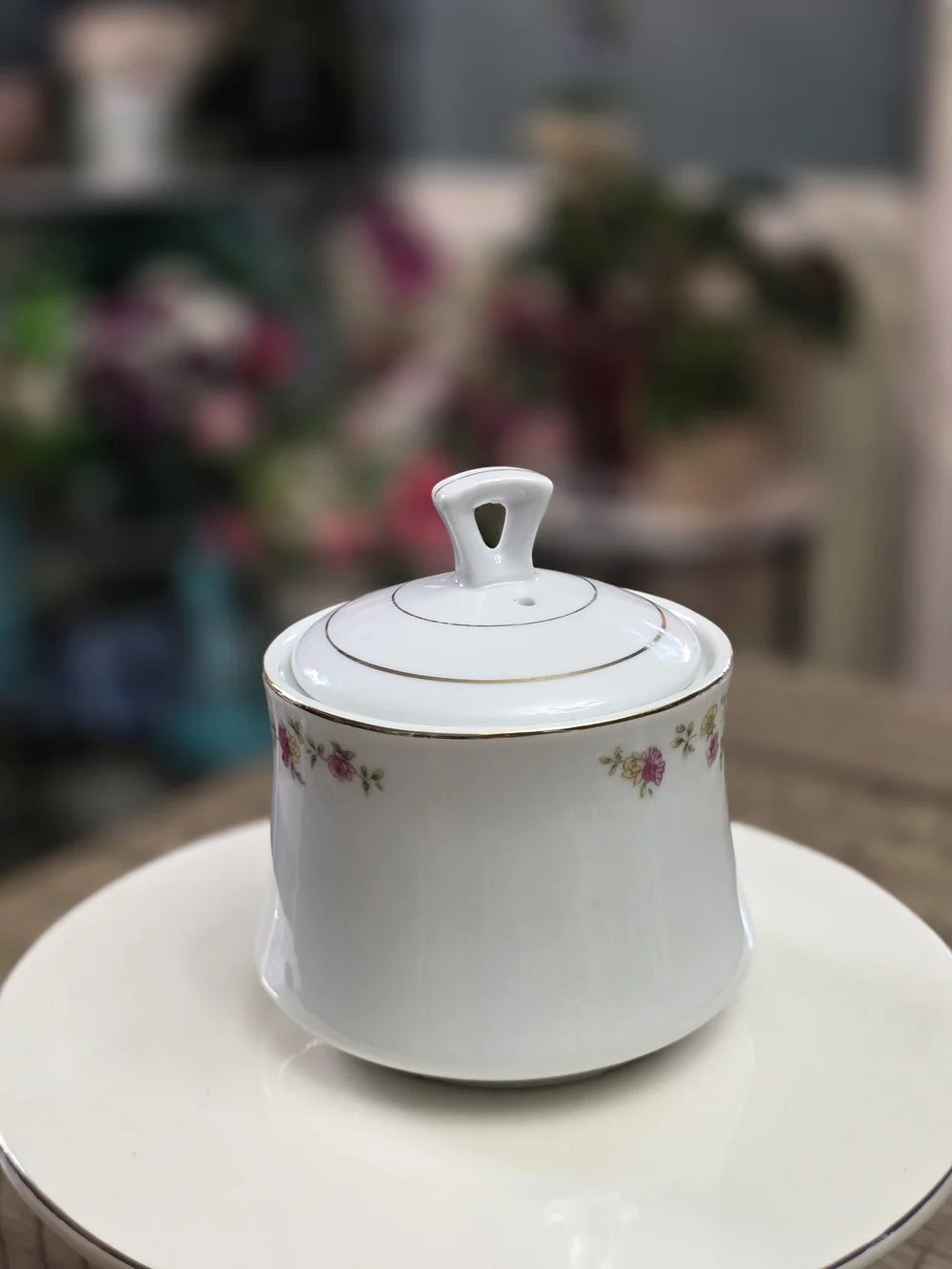 Porcelain Sugar Bowl with Pink Rose Motif - White and Gold Accent